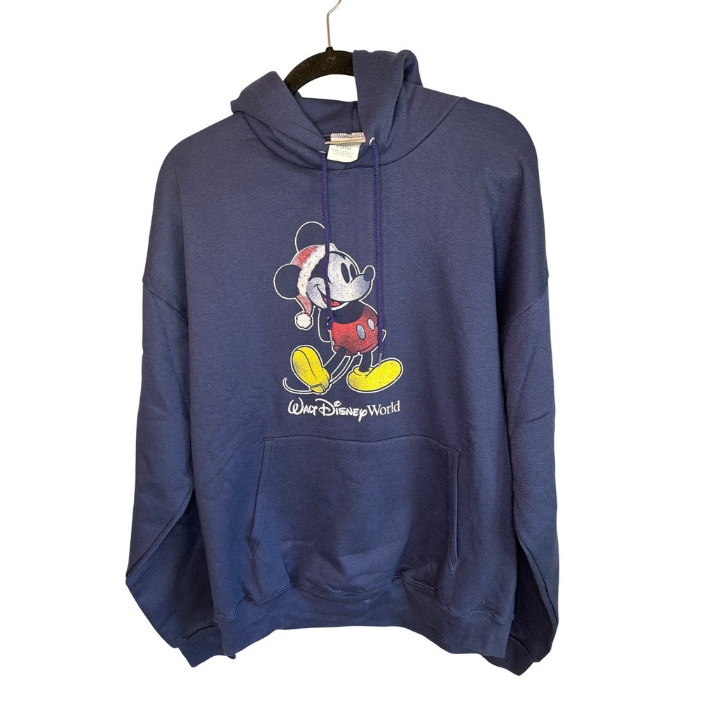 Vintage 90's Walt Disney World Mickey Mouse Christmas Hoodie Navy Blue XL